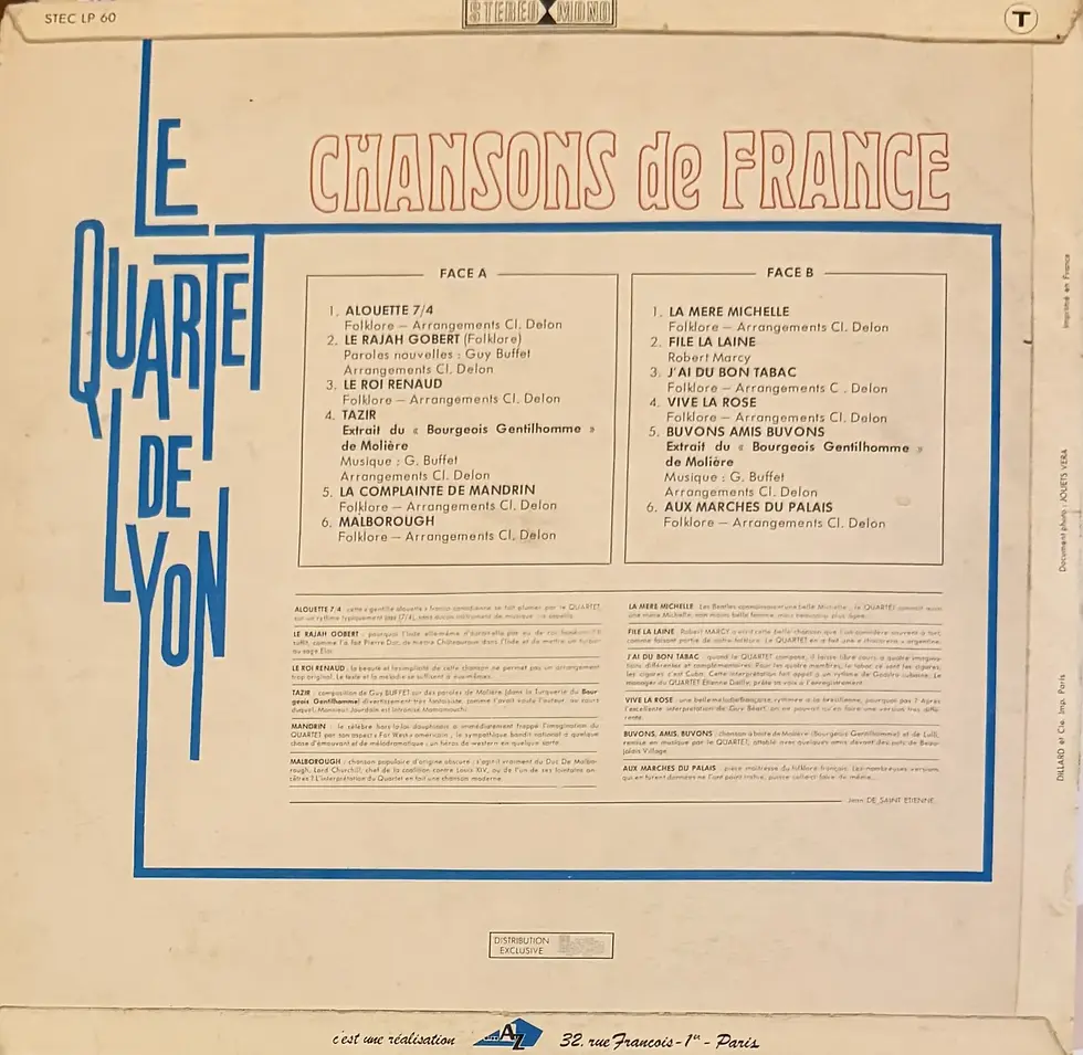 Disque vinyle de Le Quartet De Lyon - Chansons De France | Vinyles & Vintage