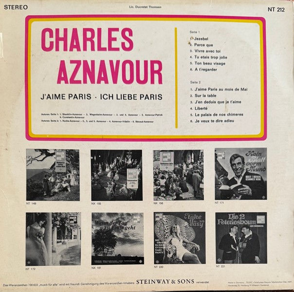 Disque vinyle de Charles Aznavour - J'aime Paris - Ich Liebe Paris en vente sur www.vinylesandvintage.com