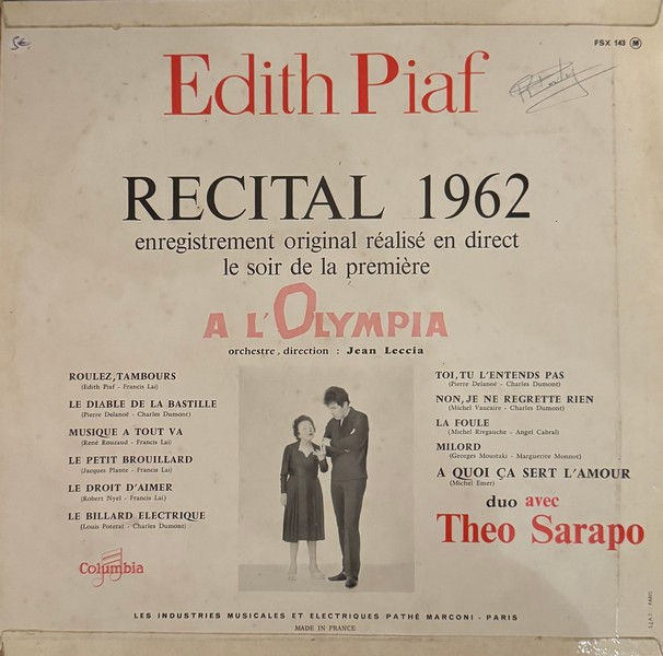 Miniature : Disque vinyle de Edith Piaf - Récital 1962 en vente sur www.vinylesandvintage.com