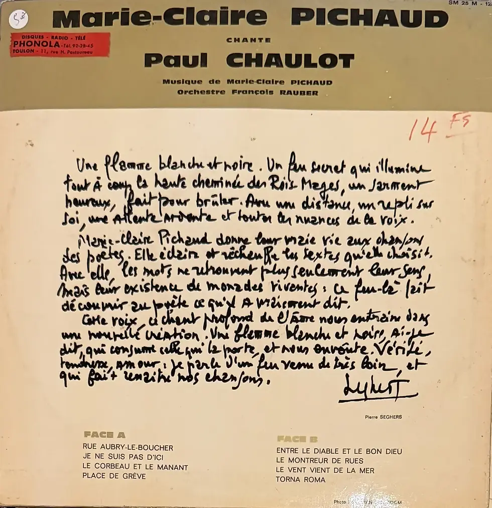 Disque vinyle de Marie-Claire Pichaud - Chante Paul Chaulot | Vinyles & Vintage