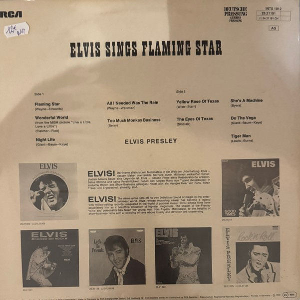 Miniature : Disque vinyle de Elvis Presley ‎– Elvis Sings "Flaming Star" en vente sur www.vinylesandvintage.com