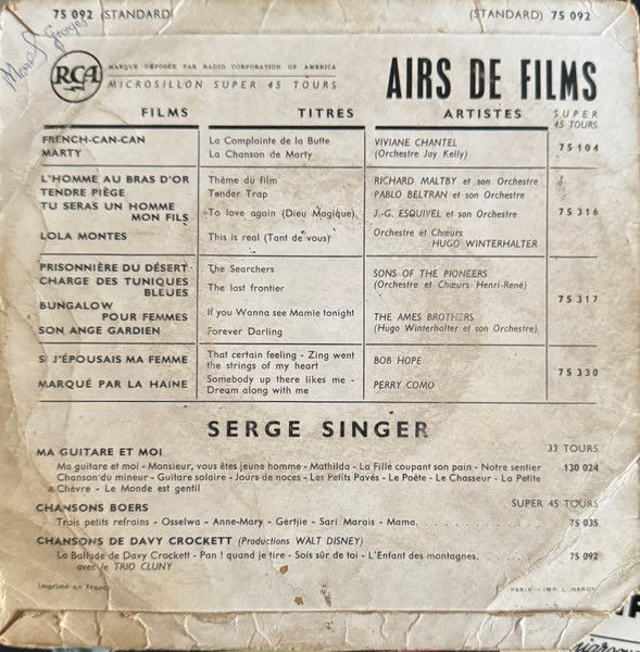 Disque vinyle de Serge Singer - Chante Davy Crockett en vente sur www.vinylesandvintage.com