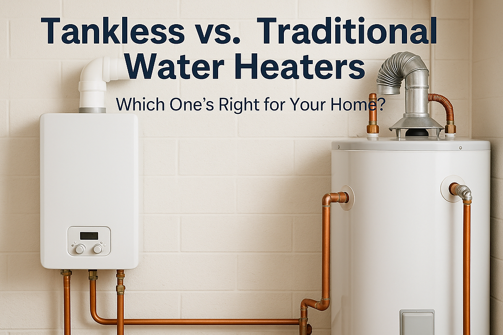 graphic says "Tankless vs. Traditional Water Heaters. Which One's Right for Your Home?"