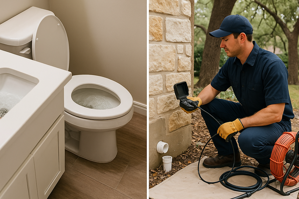 Gurgling toilet and slow sink inside, with an Emergency Plumber technician outside using a drain camera at a New Braunfels cleanout.