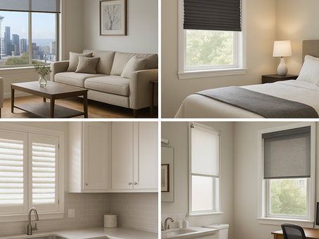 “Seattle home collage showing window treatments by room: solar roller in living room with Space Needle view, blackout cellular in bedroom, composite shutters in kitchen, and light-filtering roller shade in a small workspace.”
