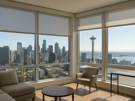 Dual roller shades (sheer + blackout) in a high-rise bedroom—HOA-approved white backing