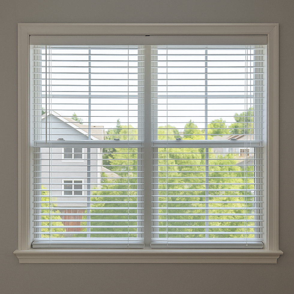 White horizontal blinds installed on a double-hung window in a Seattle home, offering light control and privacy with a clear view of the neighborhood.