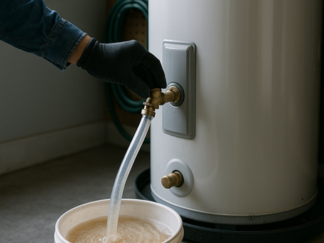 Plumber flushing a tank water heater in a New Braunfels garage, draining mineral buildup caused by Hill Country hard water.