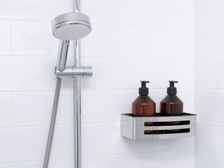A clean atmospheric shower with body wash bottles