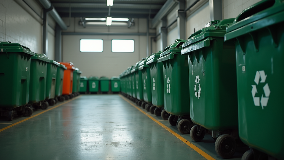 Eye-level view of waste management containers in an industrial setting