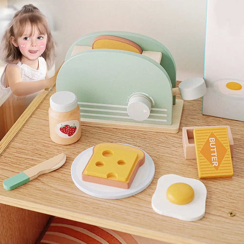 Wooden Toaster Toy Kids Bread Machine Kit Pretend Play Kitchen Toys Set Breakfas