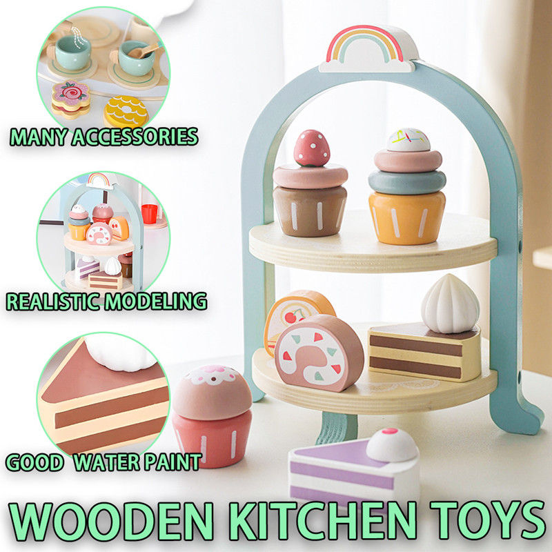 Thumbnail: Wooden Pretend Play Kitchen Toys Coffee Machine Mixer Ice Cream Cake Toy Kids Pl