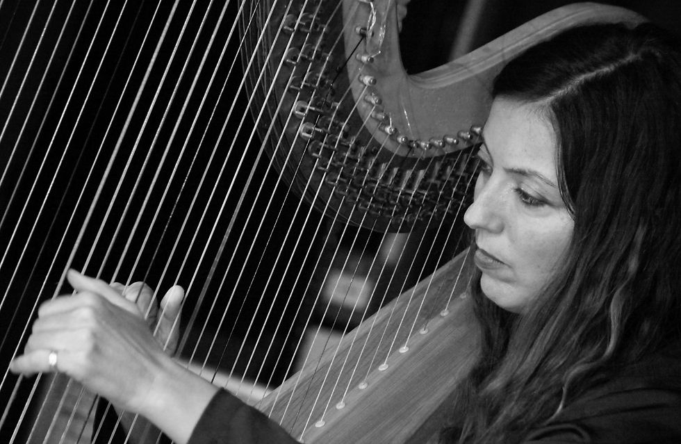 The Harper Trio performance at The Jazz Centre UK, 8th November 2025, featuring Maria-Christina Harper on harp, Josephine Davies on saxophone, and Evan Jenkins on drums.