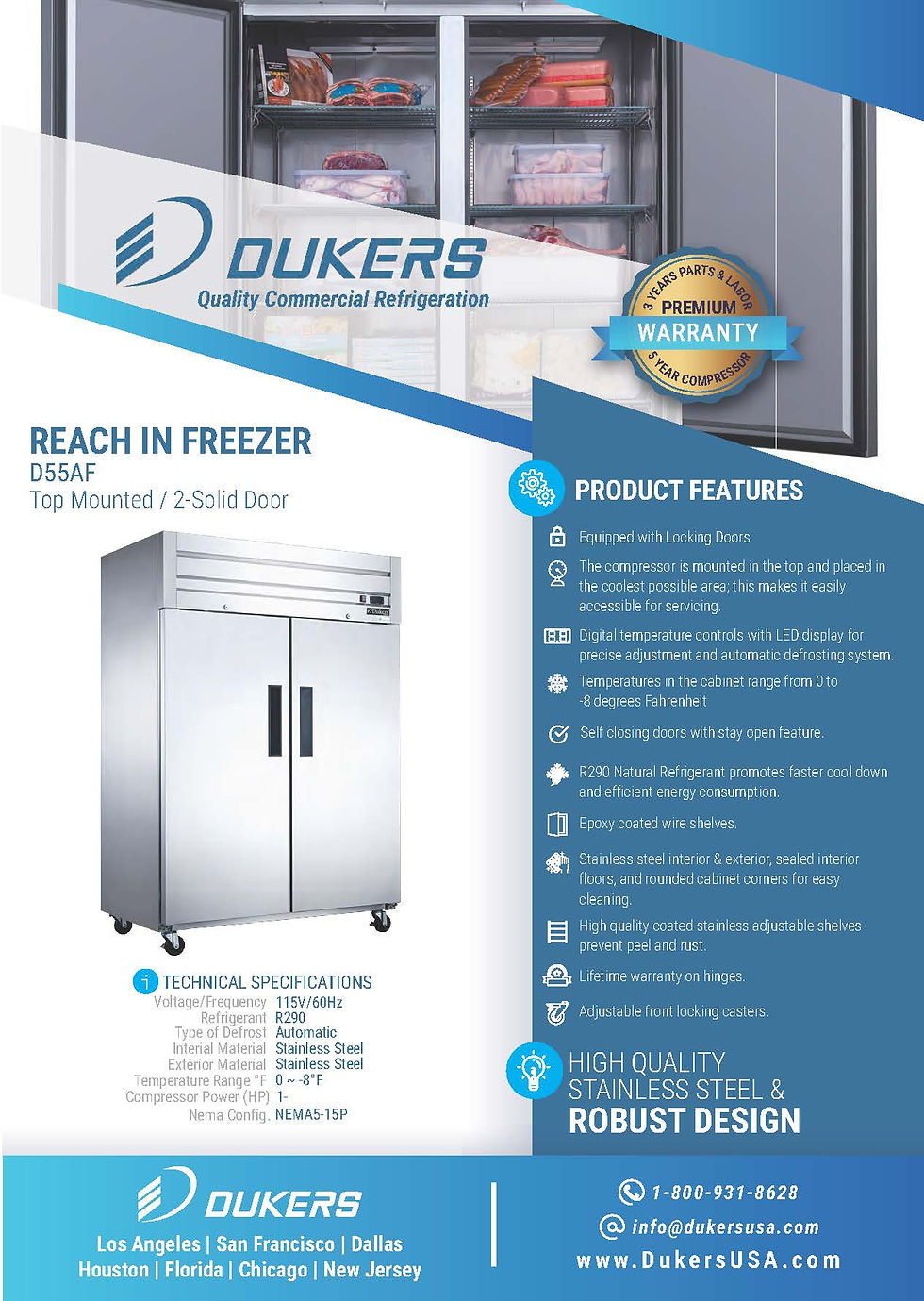 Miniaturbild: Dukers Two Stainless Steel Doors Commercial Freezer - 40.74 cu. ft.