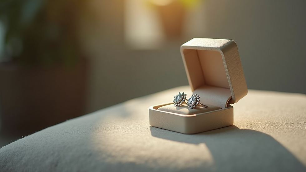 Eye-level view of a small jewellery box with sterling silver earrings neatly arranged inside