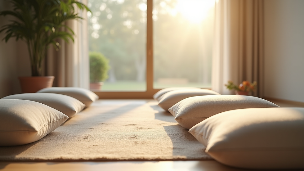 Close-up view of a peaceful meditation space with cushions and soft natural light