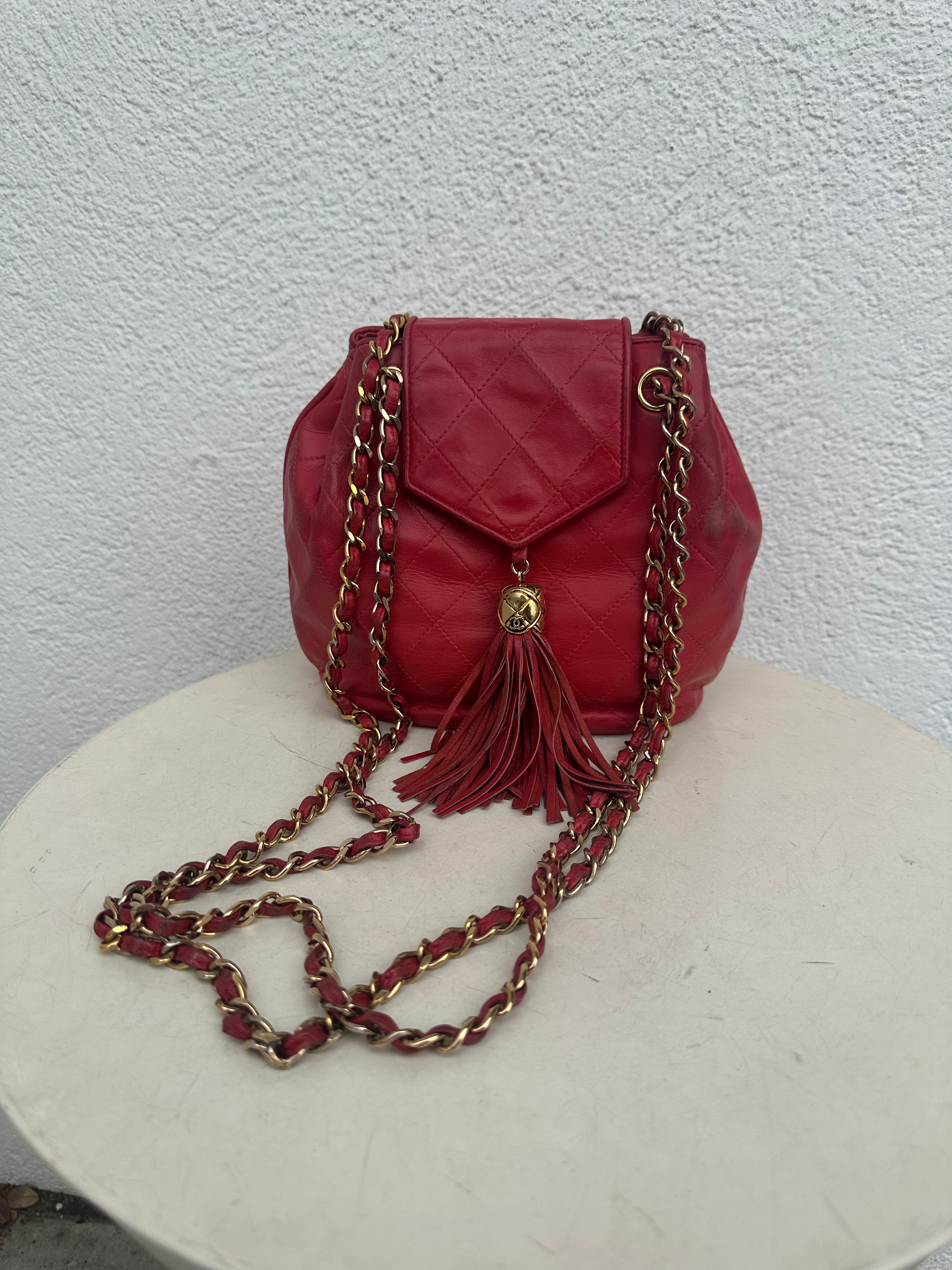 Chanel Vintage Red Quilted Lambskin shoulder bag with tassel