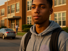 Inner-city high school scene: an African-American male student stands in the foreground with a calm, focused expression; behind him are students, parked cars, and the school building. Created by Emotionology Life.