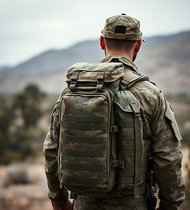 STYLIZED PHOTO OF A MALE IN CAMOUFLAGE MILITARY UNIFORM WITH AN EXTRA LARGE CAMOUFLAGE