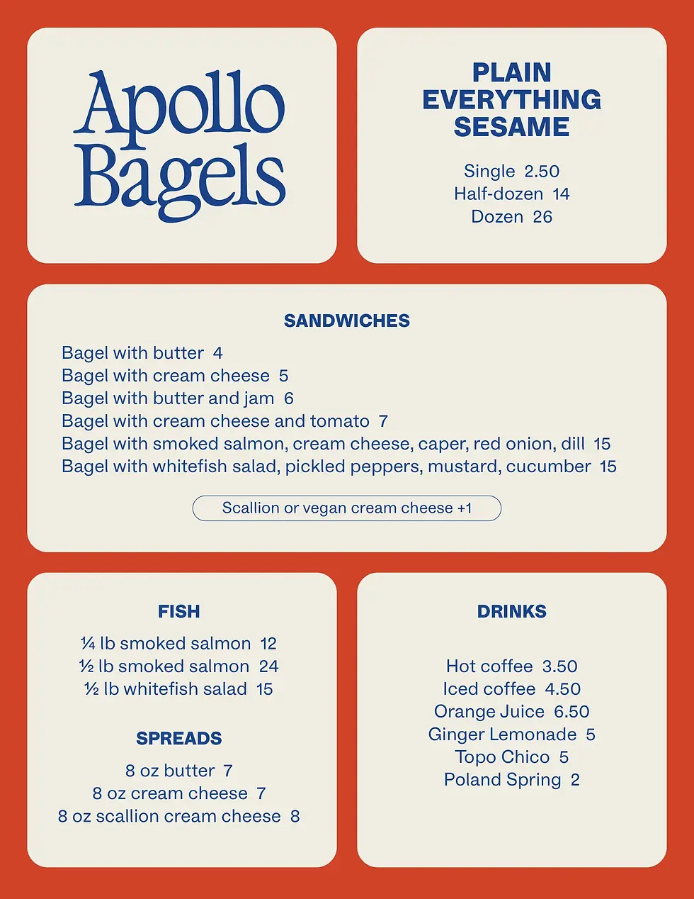 Apollo Bagels menu