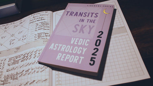 Vedic Astrology Chart Journal Worksheet filled in with the transits for the Full Moon in Gemini, and image of the 2025 transits in the Sky Vedic Astrology Report