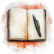 Open notebook with blank pages and a black fountain pen resting on it. Red watercolor splashes in the background suggest creativity.