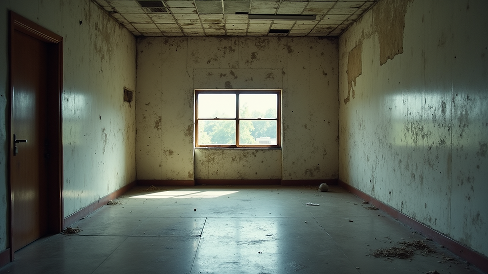 Vista frontal de fachada interna con signos de deterioro