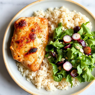 chicken thighs with rice and a green sal