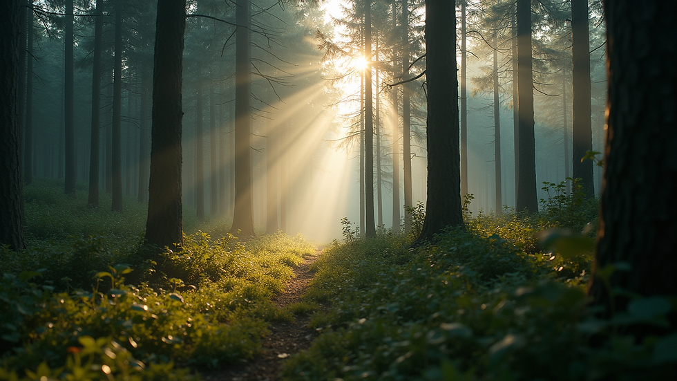 Eye-level view of a mystical forest with sunlight filtering through the trees
