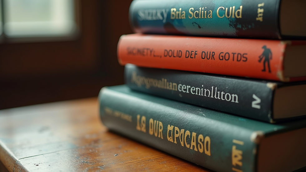 Close-up view of a stack of provocative speculative fiction novels