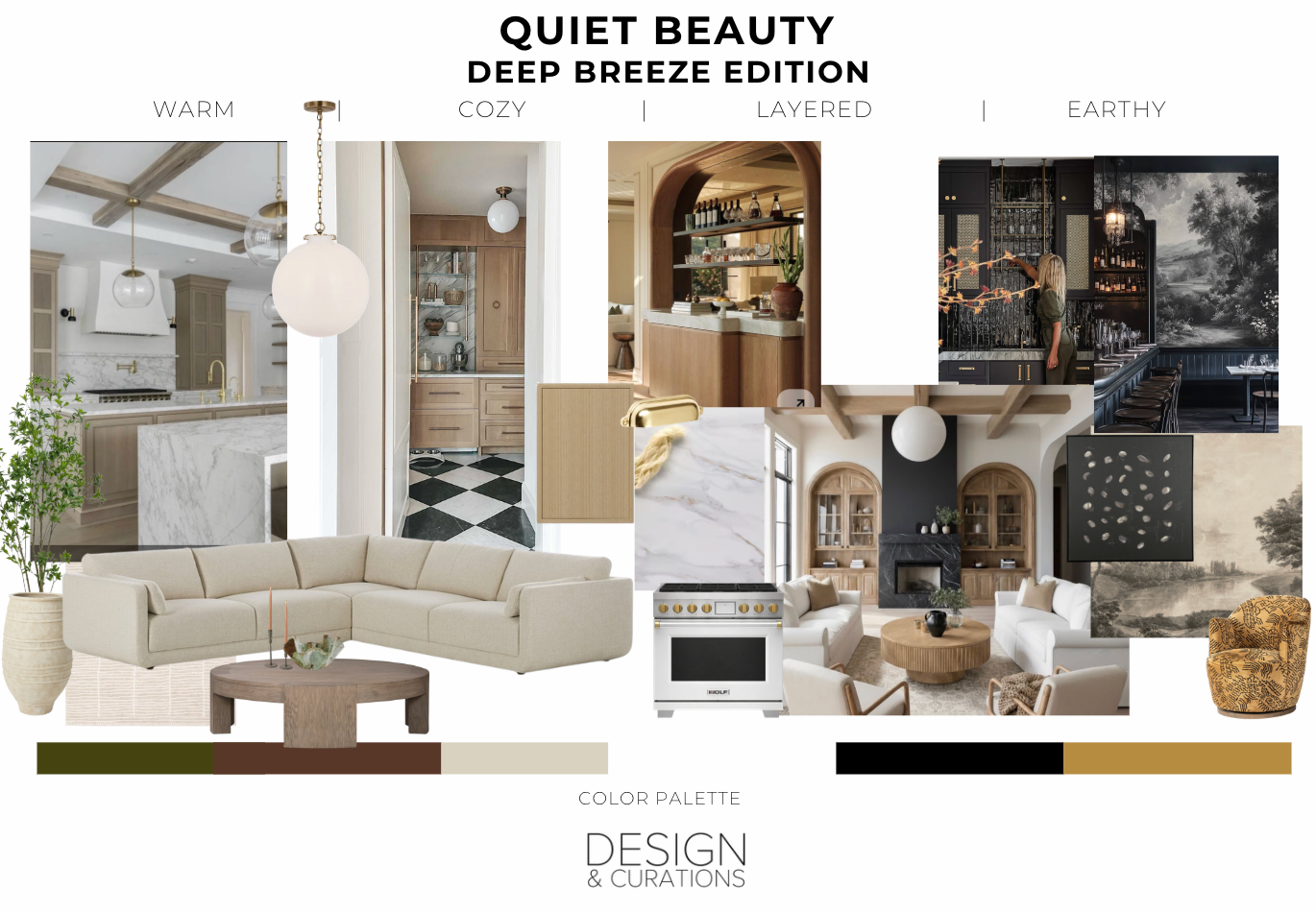 Interior design mood board with beige rooms, kitchens, earthy decor, color swatches, and text Quiet Beauty Deep Breeze Edition