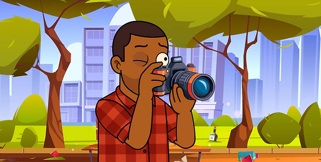A film still from animated series Father Figure showing the main character holding a camera