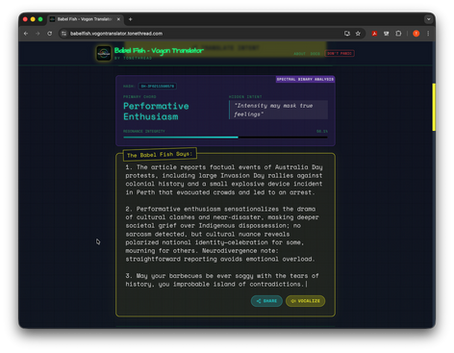 BabelFish fluent in Vogon truth telling. No BS, Red-Herrings or Bluster