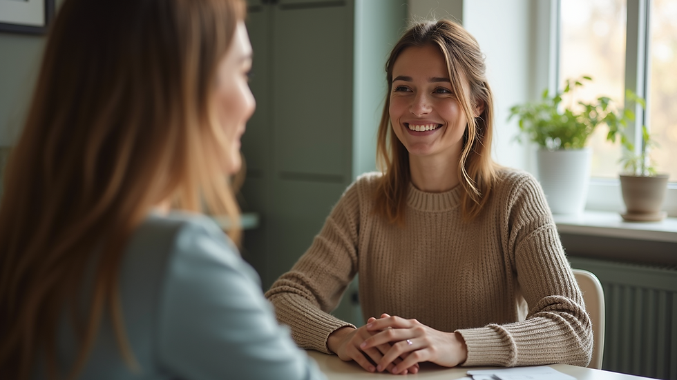 Eye-level view of a lifestyle therapist engaging with a client in a cozy office setting