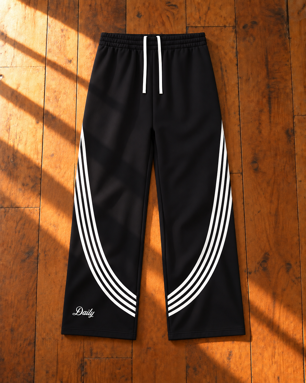 Black Daily Curved Stripe Sweatpants front flatlay on sunlit hardwood floor