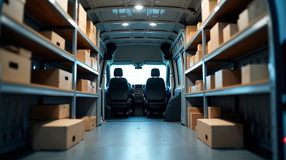 Eye-level view of organized van interior with shelving and storage units
