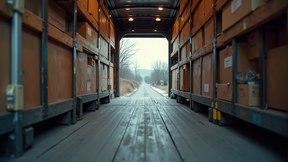 Eye-level view of van interior with cargo secured by straps