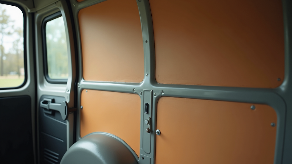 Close-up view of van interior wall with protective paneling
