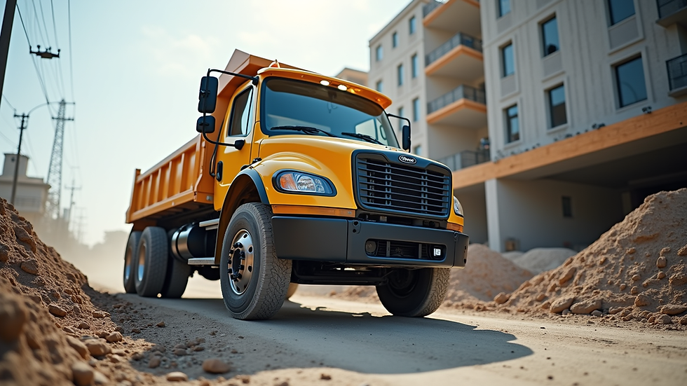Eye-level view of a work truck with upgraded suspension on a construction site