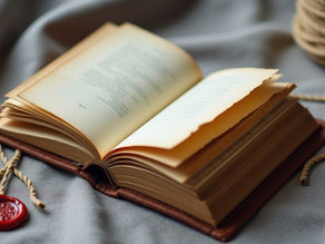 An open vintage book with yellowed pages resting on a soft grey fabric beside a coiled rope and red wax seal.