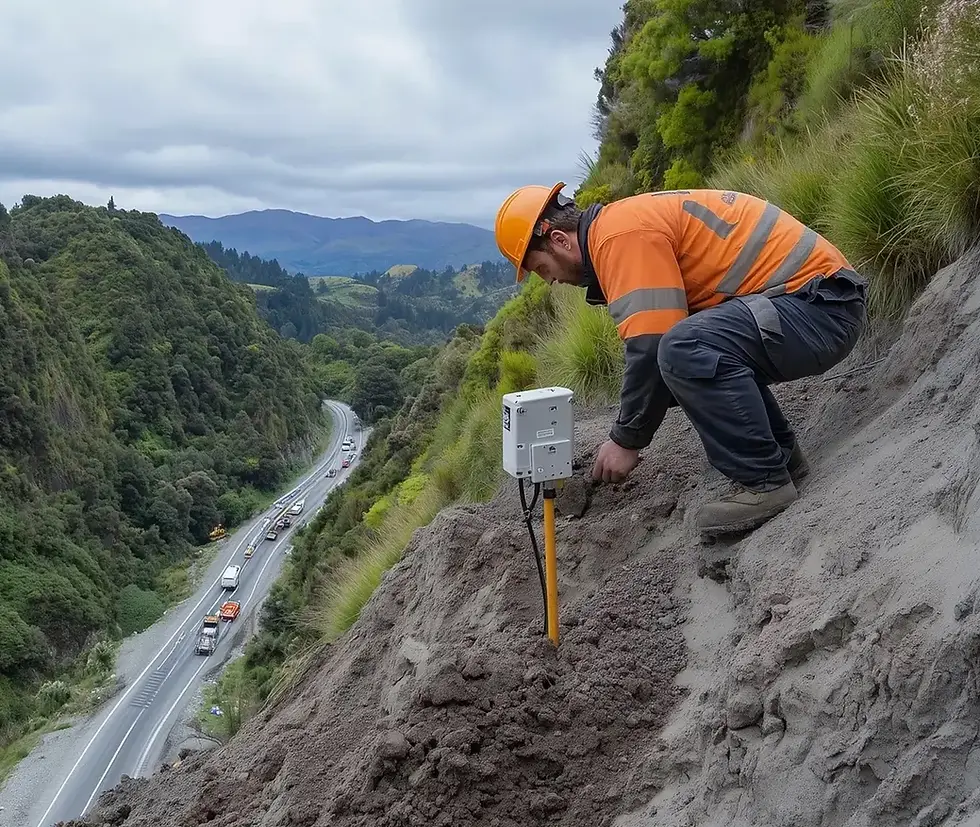 Worker installing IoT sensor on a steep hillside for landslide monitoring along a New Zealand highway, featuring rugged terrain and dense greenery. Traffic flows in the background as the IoT sensor helps monitor potential natural hazards in real-time