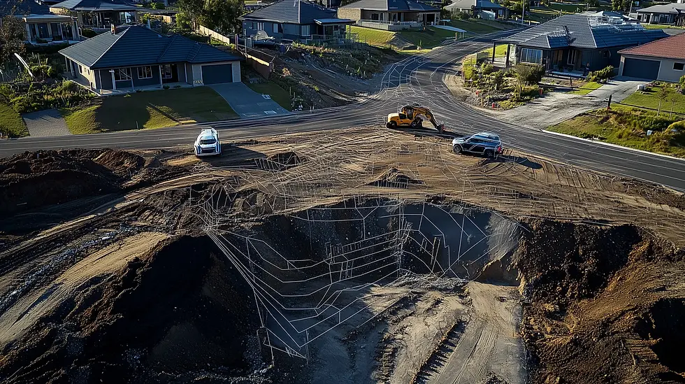 A high‐angle aerial view of a new residential subdivision under construction, overlaid with white InSAR-derived contour lines showing subtle ground movements. In the upper third of the frame, finished single-story homes with dark tiled roofs sit on gently sloping lawns behind a newly paved road. Parked along the road are two SUVs—one white, one dark—flanking a yellow hydraulic excavator whose arm rests across the surfacing. Below the road, the middle of the image reveals broad swaths of exposed earth and stockpiled soil, crisscrossed by fine white lines that trace lateral shifts in the terrain. In the lower third, a deep rectangular excavation pit plunges sharply into the subsoil; the steep walls inside the pit are marked by stepped InSAR contour lines that fan inward toward the bottom, highlighting zones of greatest deformation. Sunlit mounds of spoil border the pit’s edge, and the overlay of regular, polygonal line segments across the entire scene conveys a precise, centimetre-scale measurement of land movement occurring as the subdivision is cut into the hillside.