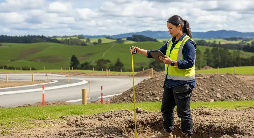 Engineer conducting ground-level survey and soil measurement on a new property development site in rural New Zealand to collect geospatial data for risk assessment and insurance analysis.