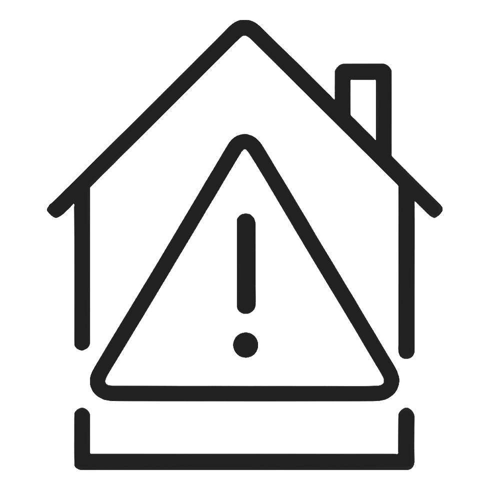 Warning triangle inside a house symbol, used to denote potential structural and legal implications of ground movement for insurance or property risk assessments.