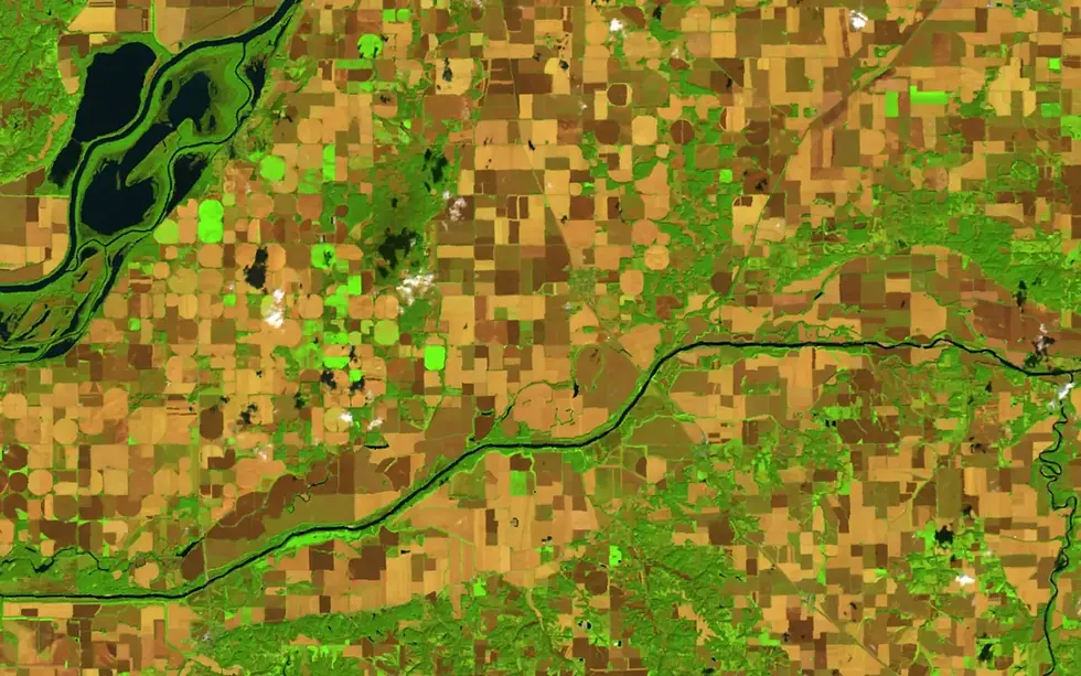 Satellite image of agricultural fields with varying colors and patterns, illustrating land use and crop distribution