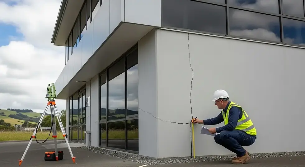 Geotechnical engineer assessing structural crack on a commercial building in New Zealand using measurement tools and survey equipment to evaluate land stability and subsidence risk for banks and insurers.