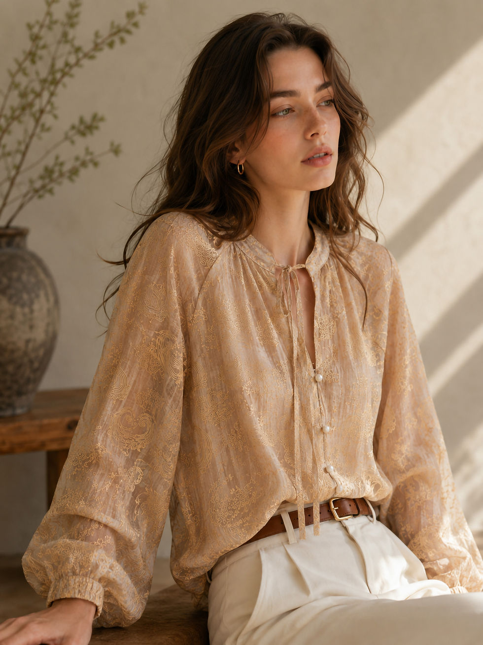 Thumbnail: Caramel Silky Effect Blouse with Velvet Paisley Motifs