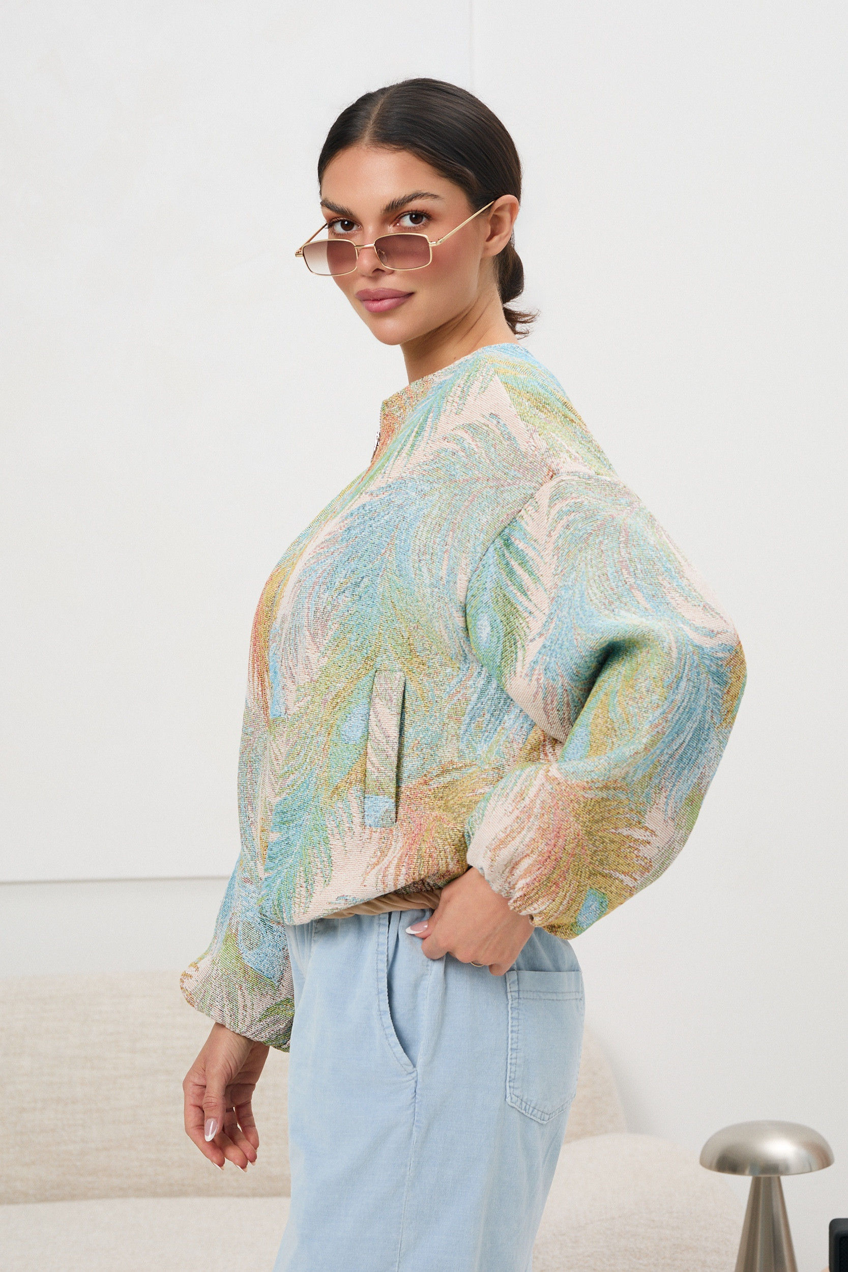 Feather Print Tapestry Fabric Bomber Jacket