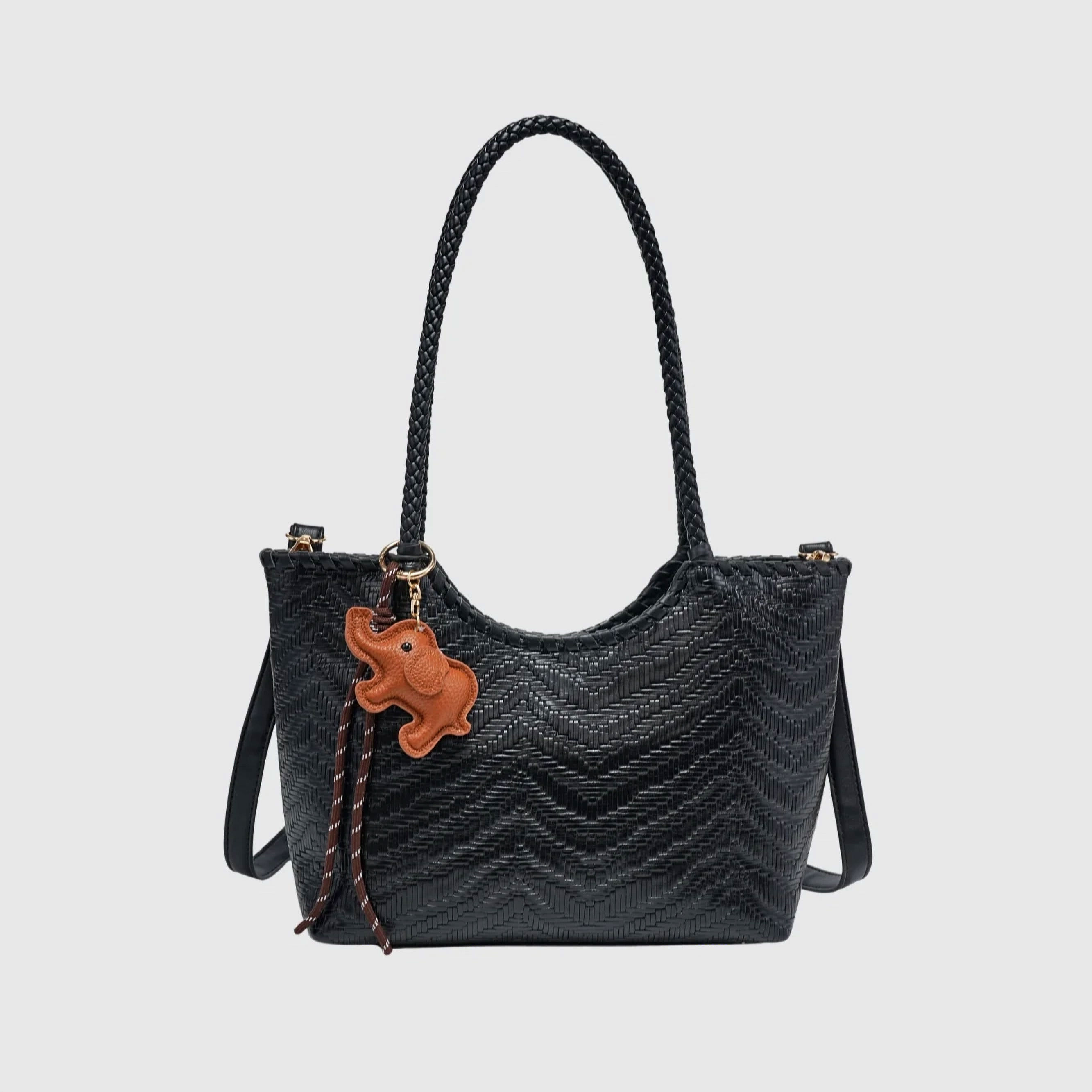 Cristiana Weaved Design Medium Handbag with Charm in Black