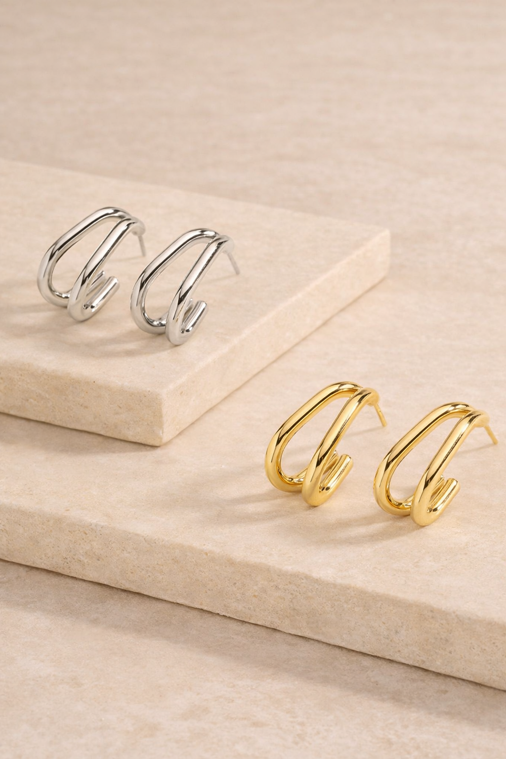 Delta Double Effect Elongated Hoop Stainless Steel Earrings